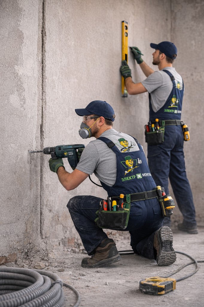 Электромонтаж на объекте: штробление стены, разметка уровнем и монтаж гофры