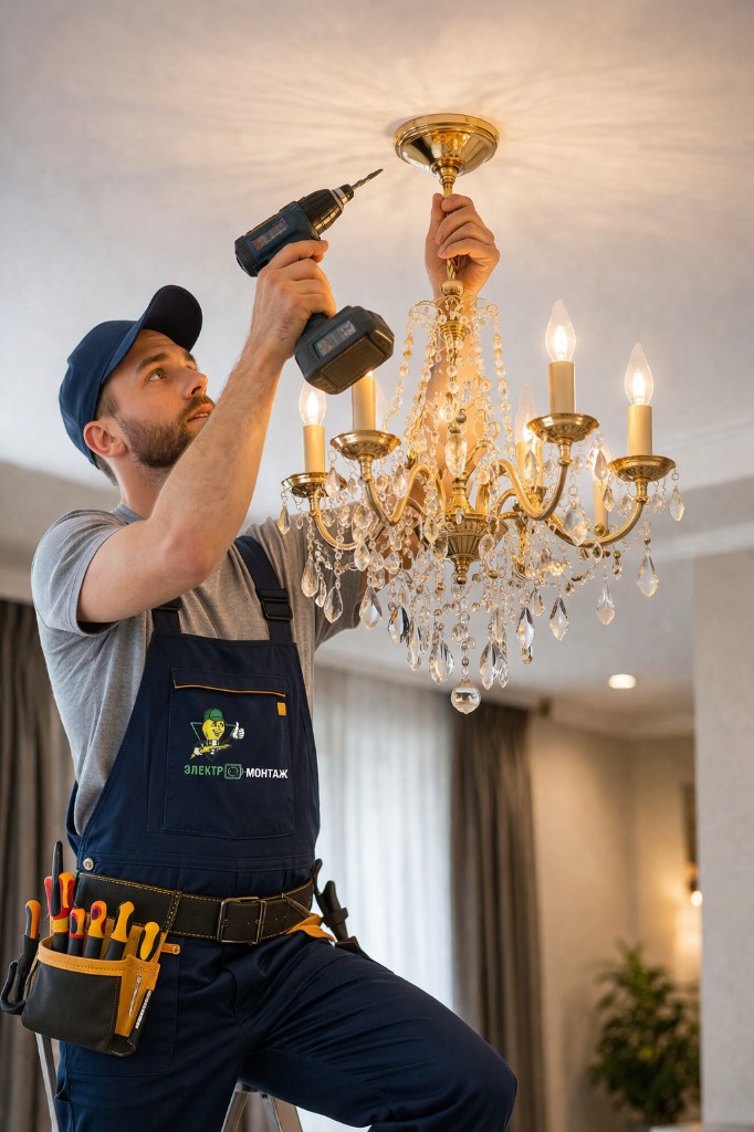 Монтаж люстры: электрик закрепляет светильник к потолку
