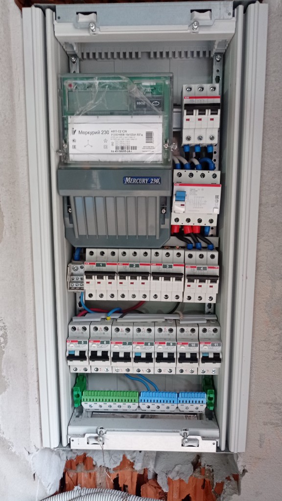 Щитовое оборудование: электросчётчик Меркурий 230, автоматика ABB, нумерация групп и клеммные шины N/PE
