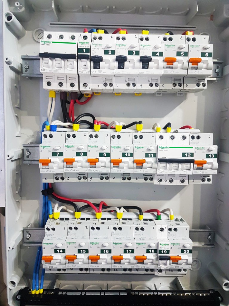 Трёхрядный щит Schneider Electric с нумерацией линий и групповой раскладкой автоматов